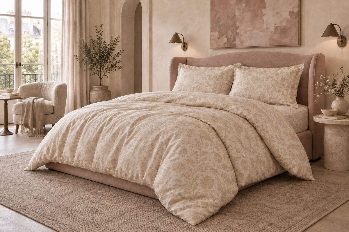 Rust Terracotta printed cotton sateen bedding on a modern olive bed